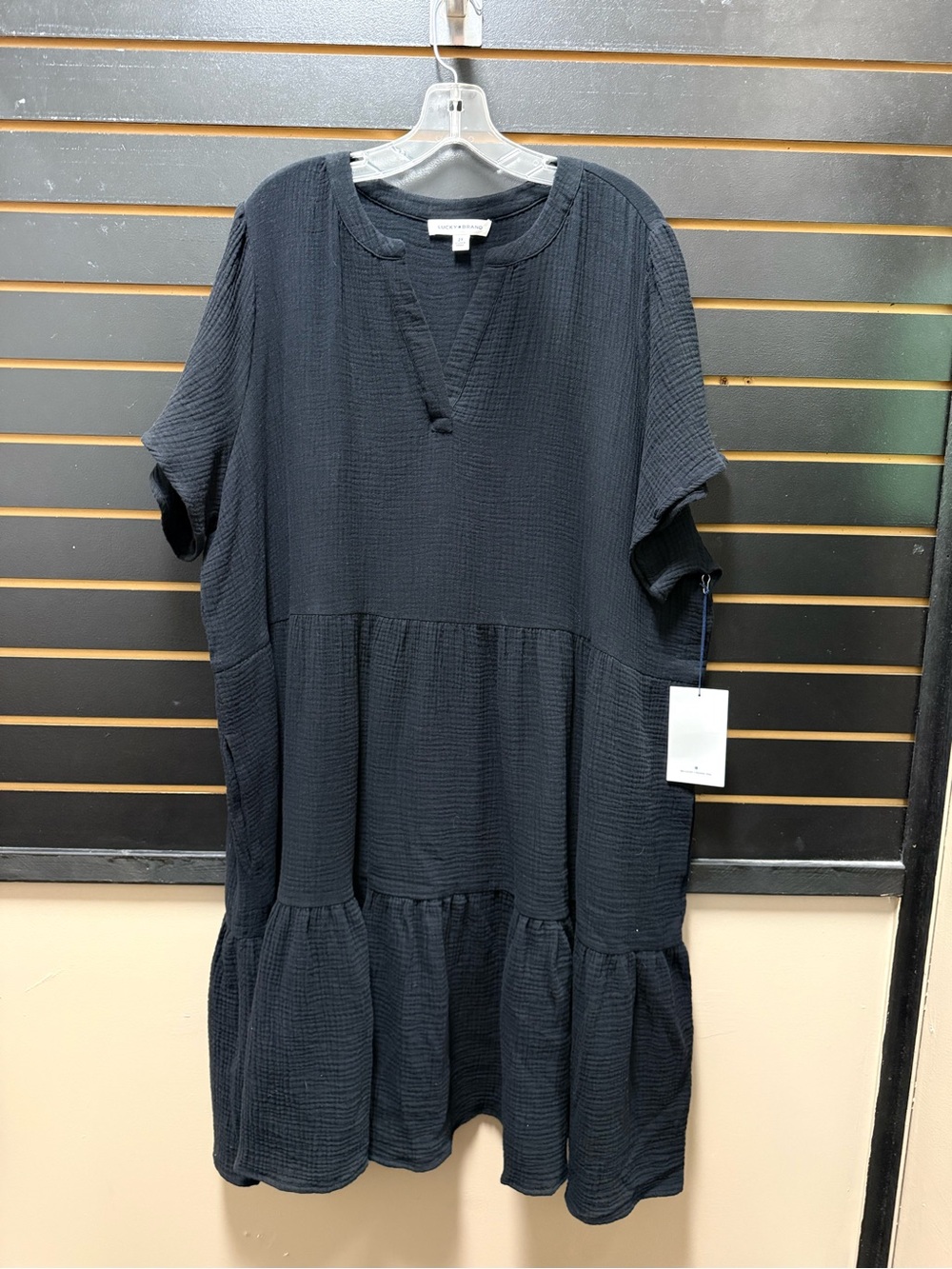Lucky Brand Black Cotton Gauze Tiered Midi Dress 2X NWT
